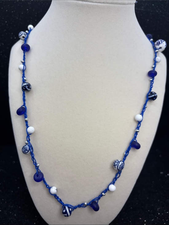 Handmade Jewelry - Blue Beaded Crochet Necklace | Blue & White Glass Bead Necklace